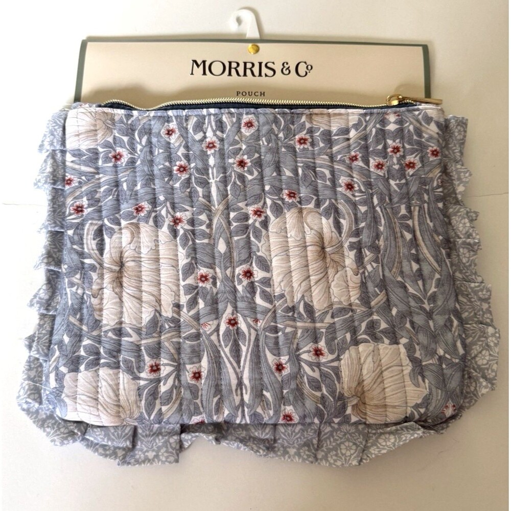 Morris & Co. Pouch Pimpernel 8X10" Gray White 100% Coton Ruffled Edge Travel